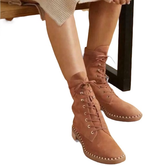 Stuart Weitzman Lace Up Fold Over Boot Suede Embellished Combat Size 36 US 5.5 - Picture 1 of 10